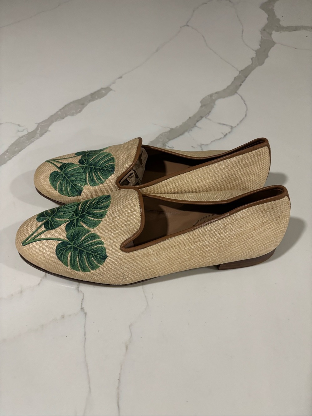 Stubbs & Wootton Raffia Loafers with Green Leaf Embroidery palm beach